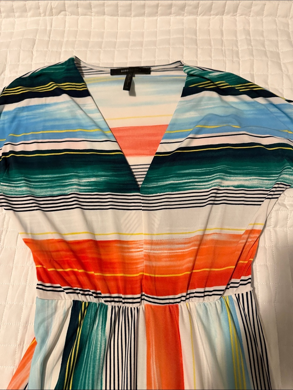 BCBGMaxAzria Teal, Orange, Blue & Black Striped V-Neck Maxi Dress - Picture 3 of 5